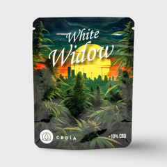 Schwarzer CBDÍA Beutel White Widow mit Sonnenuntergang-Motiv, Vorderseite