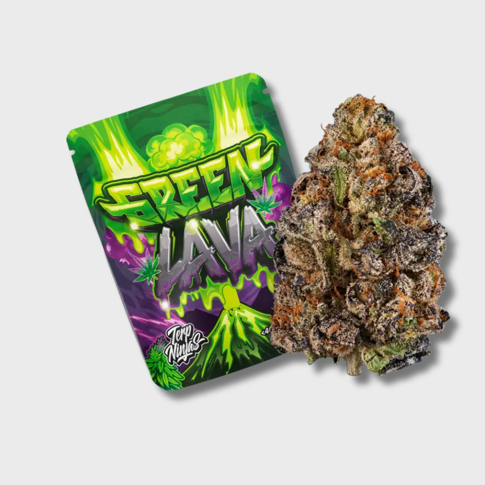 Terp Ninjas Beutel Green Lava mit dunkler CBD-Blüte daneben