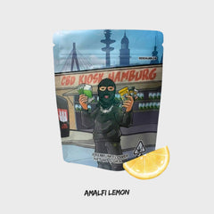 CBD Kiosk Beutel Amalfi Lemon mit Comic-Motiv und Zitronenscheibe davor