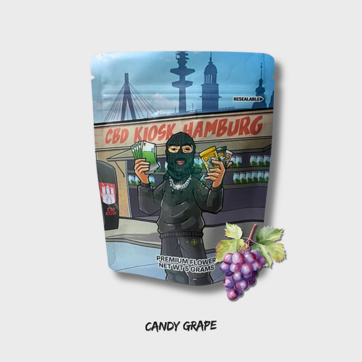 CBD Kiosk Cali Candy Grape CBD Blüten 5 g – Verpackung mit CBD Blüten in der Vorderansicht