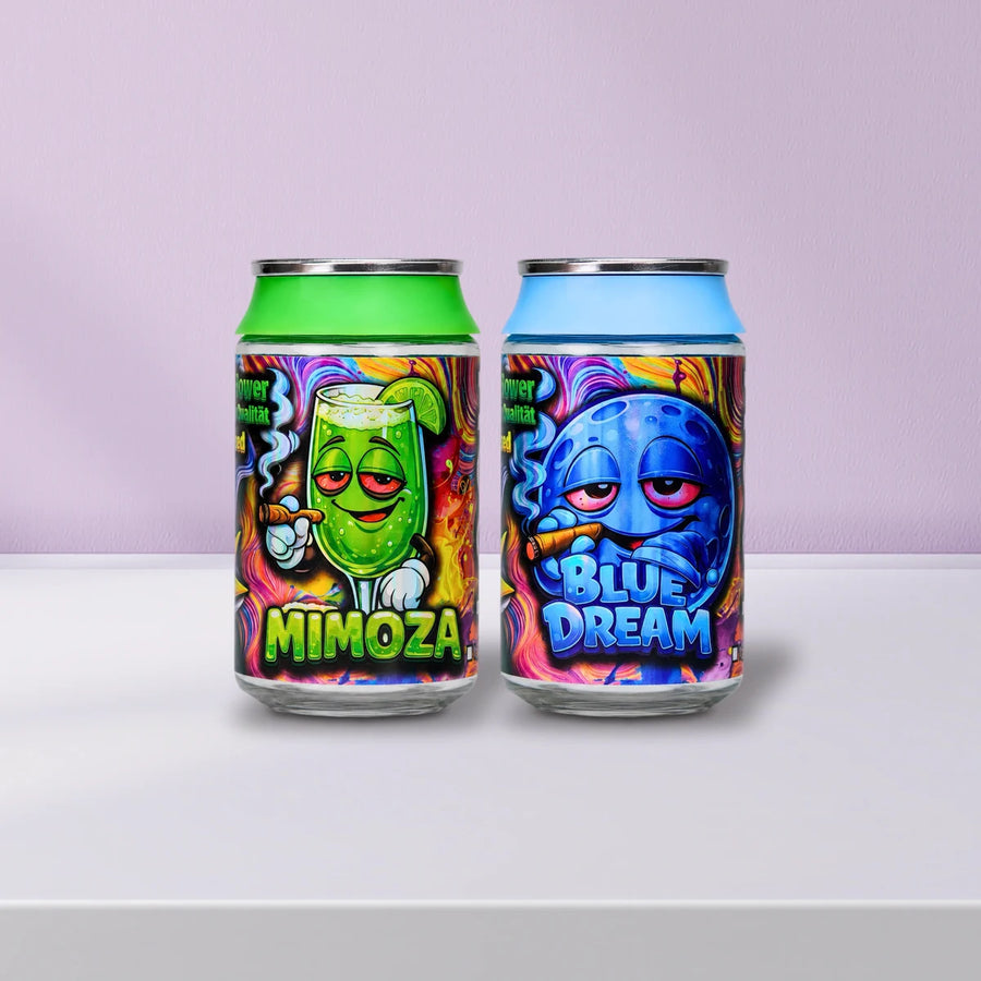 Legale Alternative zu 10-OH-HHC Blüten: Loom Blüten Mimoza und Loom Blüten Blue Dream auf weißem Lack