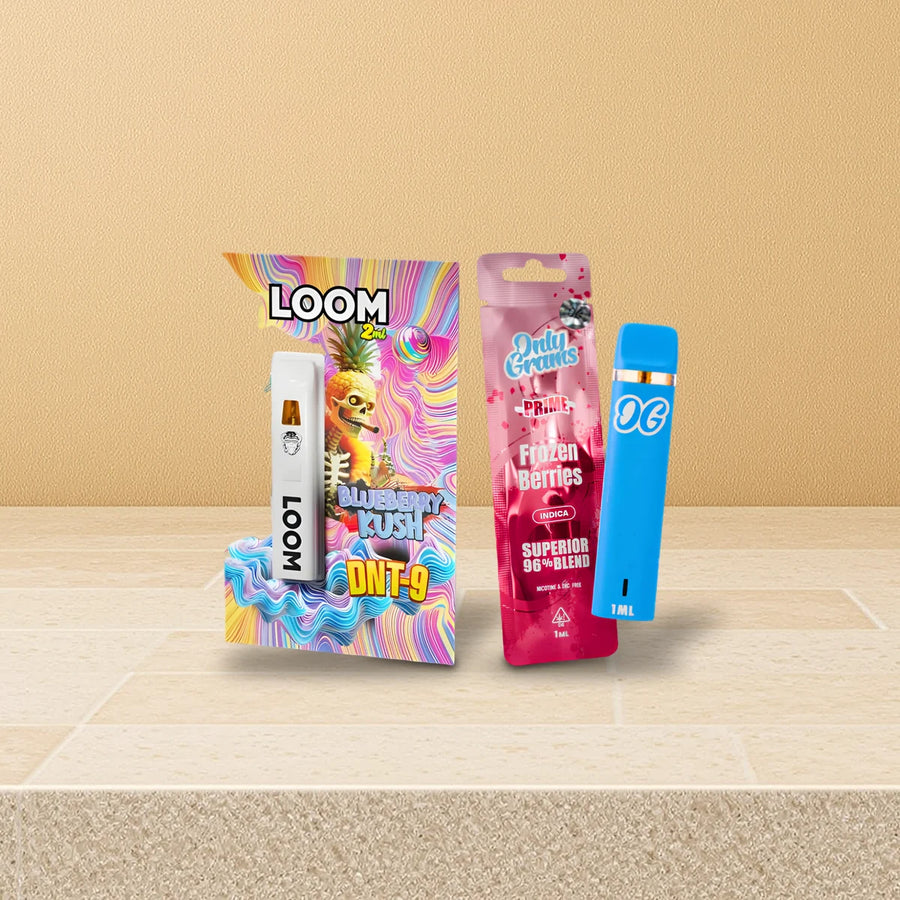 Legale Alternative zu 10-OH-HHC Vapes: Loom Vape Blueberry Kush und OnlyGrams Vape Frozen Berries auf Travertin