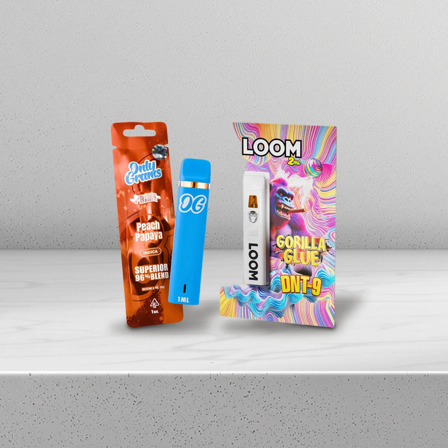 Legale Alternative zu 10-OH-HHCP Vapes: OnlyGrams Vape Peach Papaya und Loom Vape Gorilla Glue auf Beton