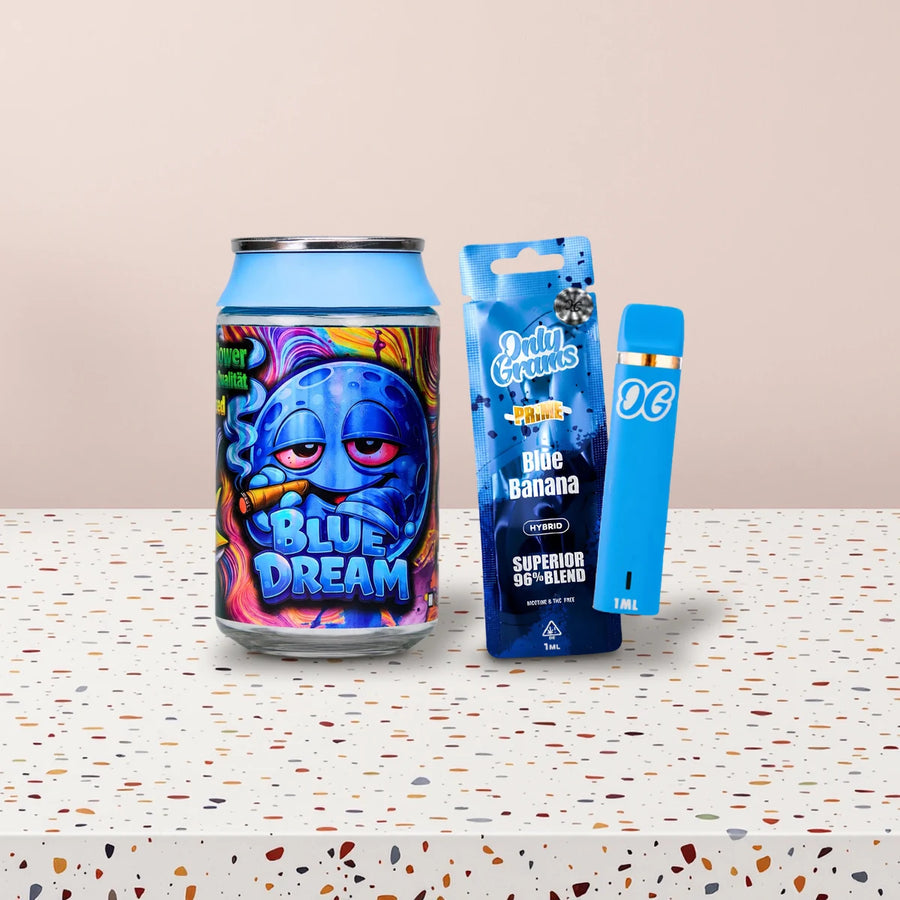 Legale Alternative zu 10-OH-HHCP: Loom Blüten Blue Dream und OnlyGrams Vape Blue Banana auf Terrazzo