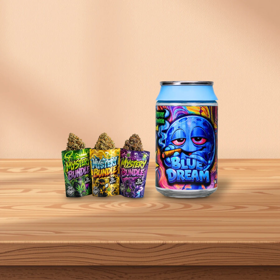 Alternative zu 10HC Blüten: Terp Ninjas Blüten Mystery Bundle und Loom Blüten Blue Dream auf Kirschholz