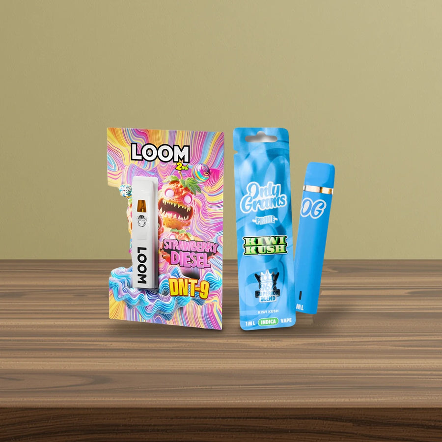 Alternative zu 10HC Vapes: Loom Vape Strawberry Diesel und OnlyGrams Vape Kiwi Kush auf dunklem Nussbaum