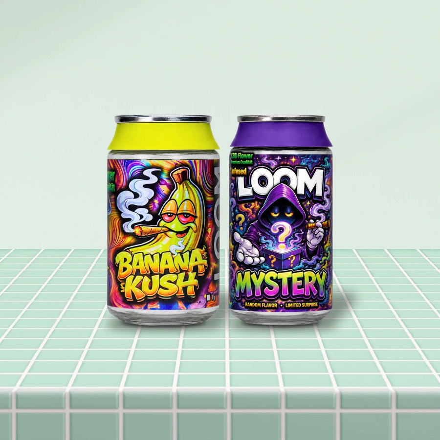 Alternative zu CBG9 Blüten: Loom Blüten Banana Kush und Loom Blüten Mystery auf mintgrünen Kacheln