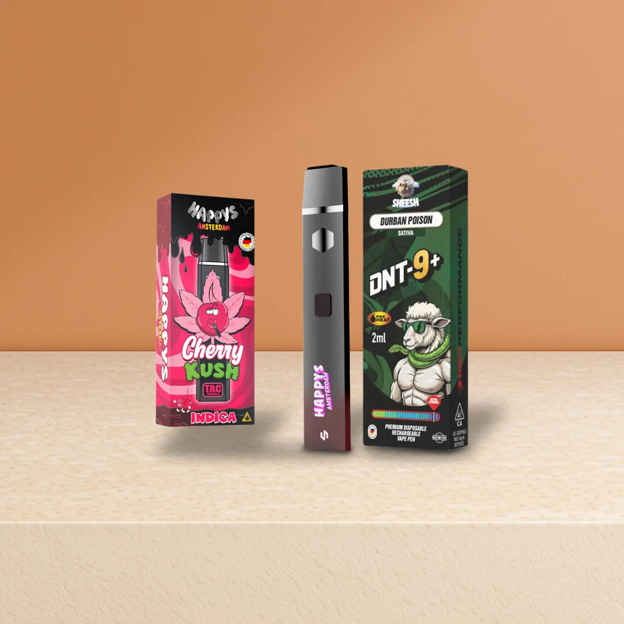 Alternative zu CBG9 Vapes: Happys Amsterdam Vape Cherry Kush und SHEESH Vape Durban Poison auf Sandstein