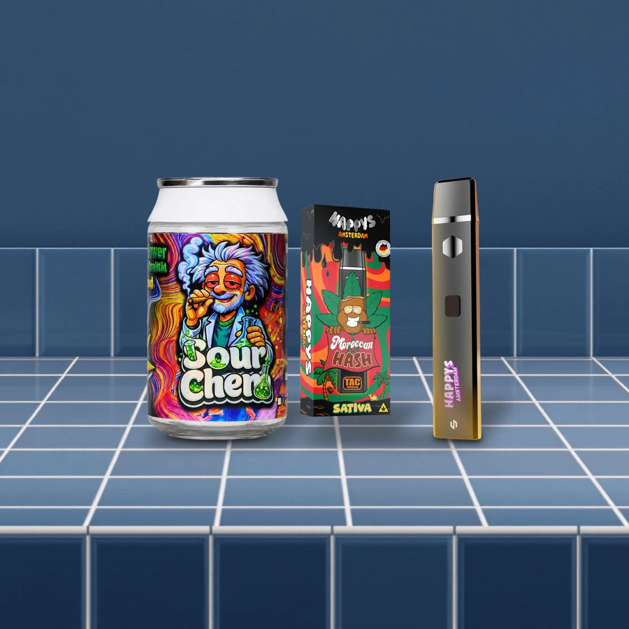 Alternative zu CBG9: Loom Blüten Sour Cherry und Happys Amsterdam Vape Moroccan Hash auf blauen Kacheln