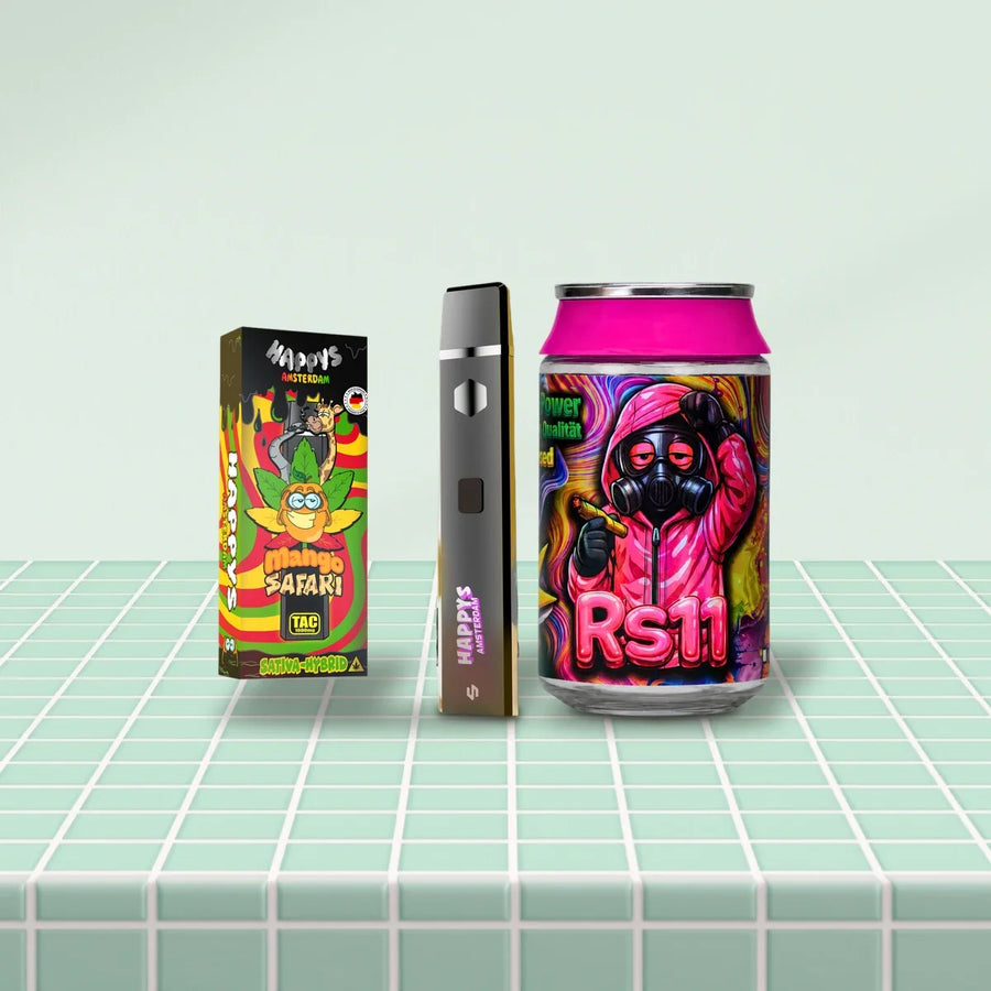 Alternative zu CBN: Happys Amsterdam Vape Mango Safari und Loom Blüten RS11 auf mintgrünen Kacheln