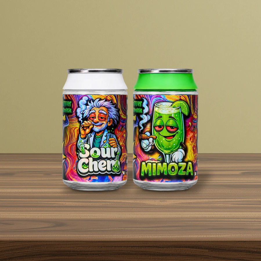 Legale Alternative zu Delta 9 THC Blüten: Loom Blüten Sour Cherry und Loom Blüten Mimoza auf dunklem Nussbaum