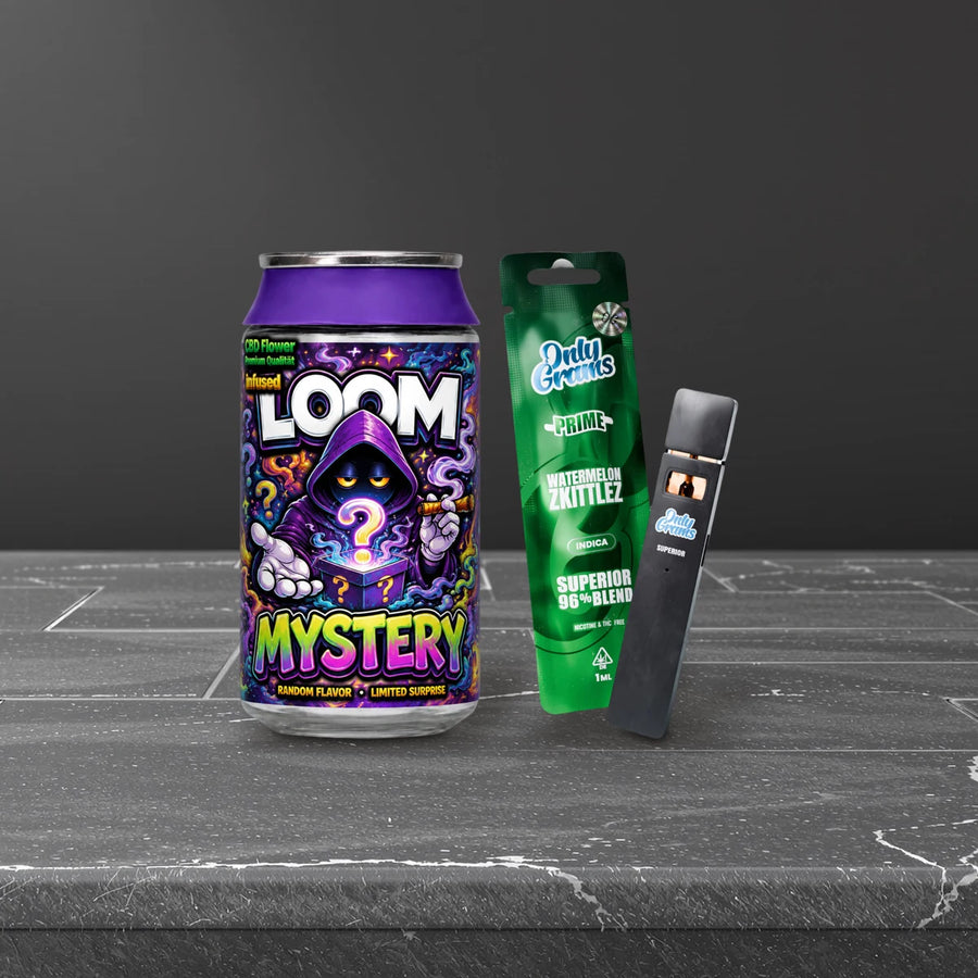 Alternative zu H2 Superior: Loom Blüten Mystery und OnlyGrams Vape Watermelon Zkittlez auf Schiefer