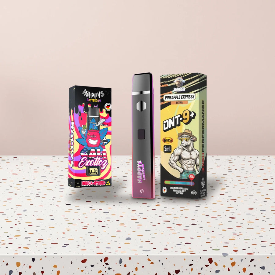 Alternative zu H3 Superior Vapes: Happys Amsterdam Vape Cali Exoticz und SHEESH Vape Pineapple Express auf Terrazzo