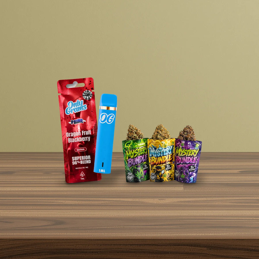 Alternative zu H3 Superior: OnlyGrams Vape Dragonfruit Blackberry und Terp Ninjas Blüten Mystery Bundle auf dunklem Nussbaum