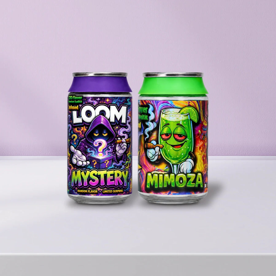 Alternative zu H4CBD Blüten: Loom Blüten Mystery und Loom Blüten Mimoza auf weißem Lack