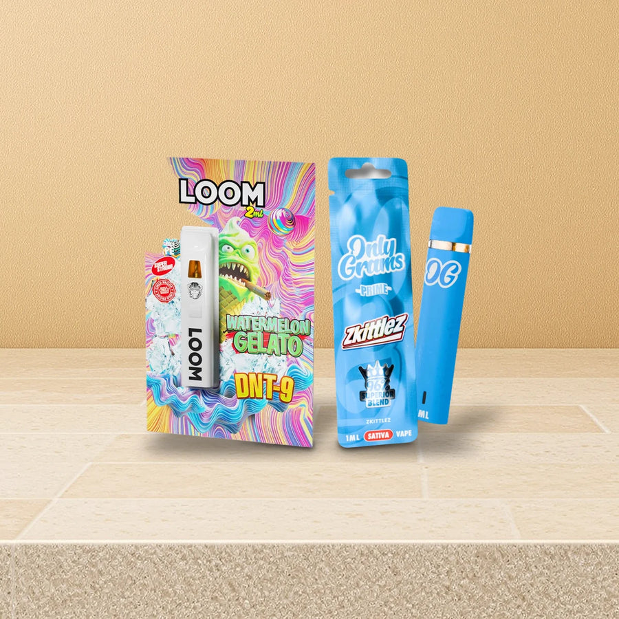 Alternative zu H4CBD Vapes: Loom Vape Watermelon Gelato und OnlyGrams Vape Zkittlez auf Travertin