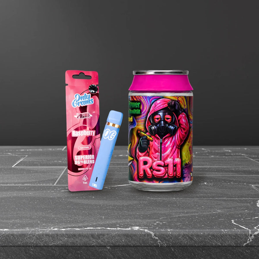 Legale Alternative zu HHC: OnlyGrams Vape Raspberry und Loom Blüten RS11 auf Schiefer