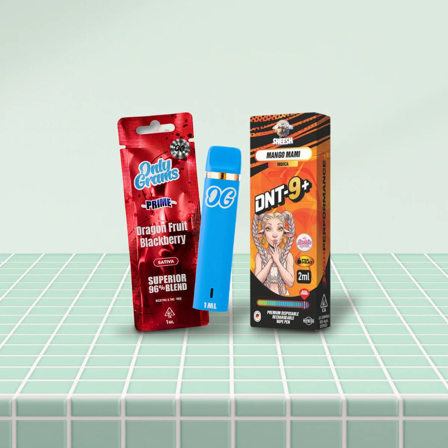 Legale Alternative zu HHC-P Vapes: OnlyGrams Vape Dragonfruit Blackberry und SHEESH Vape Mango Miami auf mintgrünen Kacheln