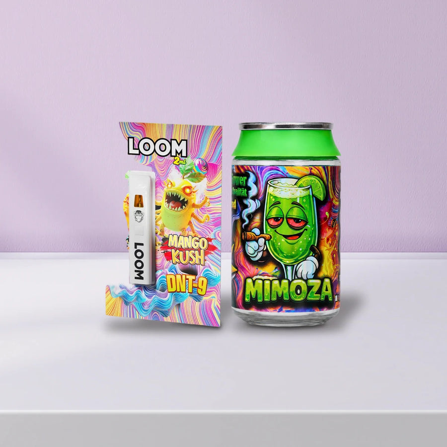Alternative zu PHC: Loom Vape Mango Kush und Loom Blüten Mimoza auf weißem Lack