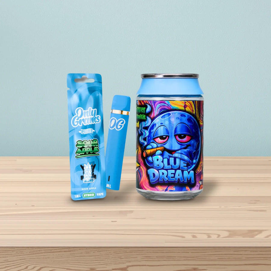 Alternative zu T9HC: OnlyGrams Vape Sour Apple und Loom Blüten Blue Dream auf heller Esche