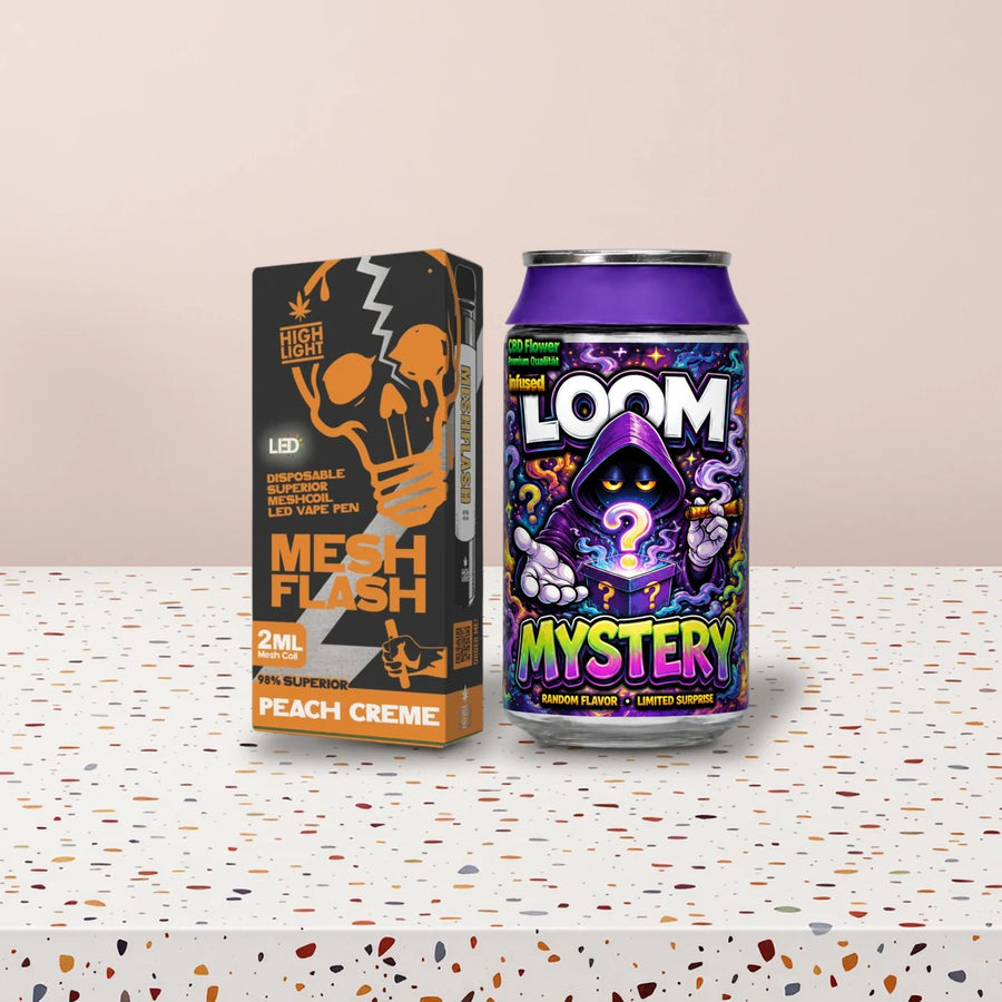 Alternative zu THCA: Mesh Flash Vape Peach Creme und Loom Blüten Mystery auf Terrazzo