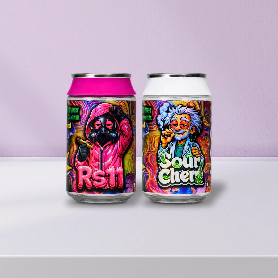 Alternative zu THCB Blüten: Loom Blüten RS11 und Loom Blüten Sour Cherry auf weißem Lack