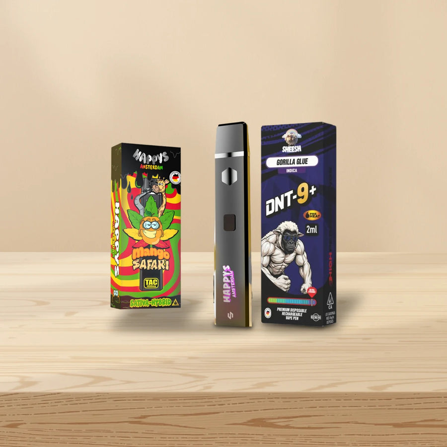 Legale Alternative zu THCO Vapes: Happys Amsterdam Vape Mango Safari und SHEESH Vape Gorilla Glue auf heller Eiche