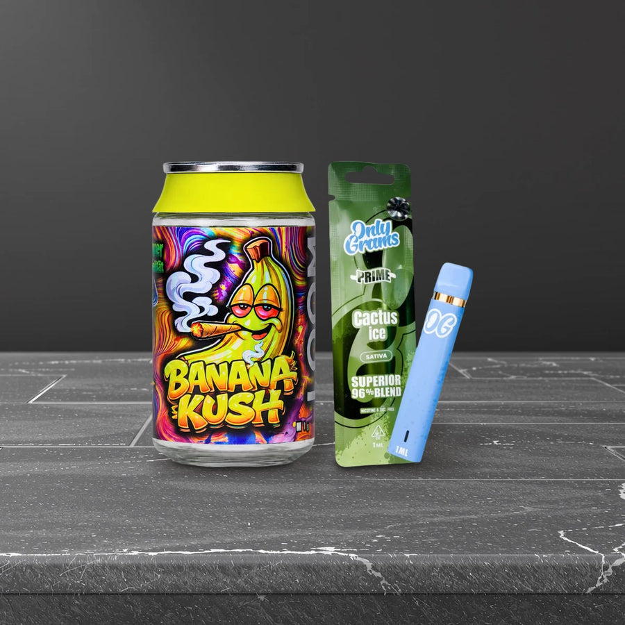 Legale Alternative zu THCO: Loom Blüten Banana Kush und OnlyGrams Vape Cactus Ice auf Schiefer
