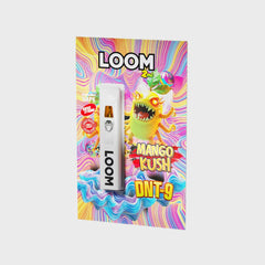 Loom DNT-9 Mango Kush Verpackung in Regenbogenfarben mit Comic-Figur und Vape