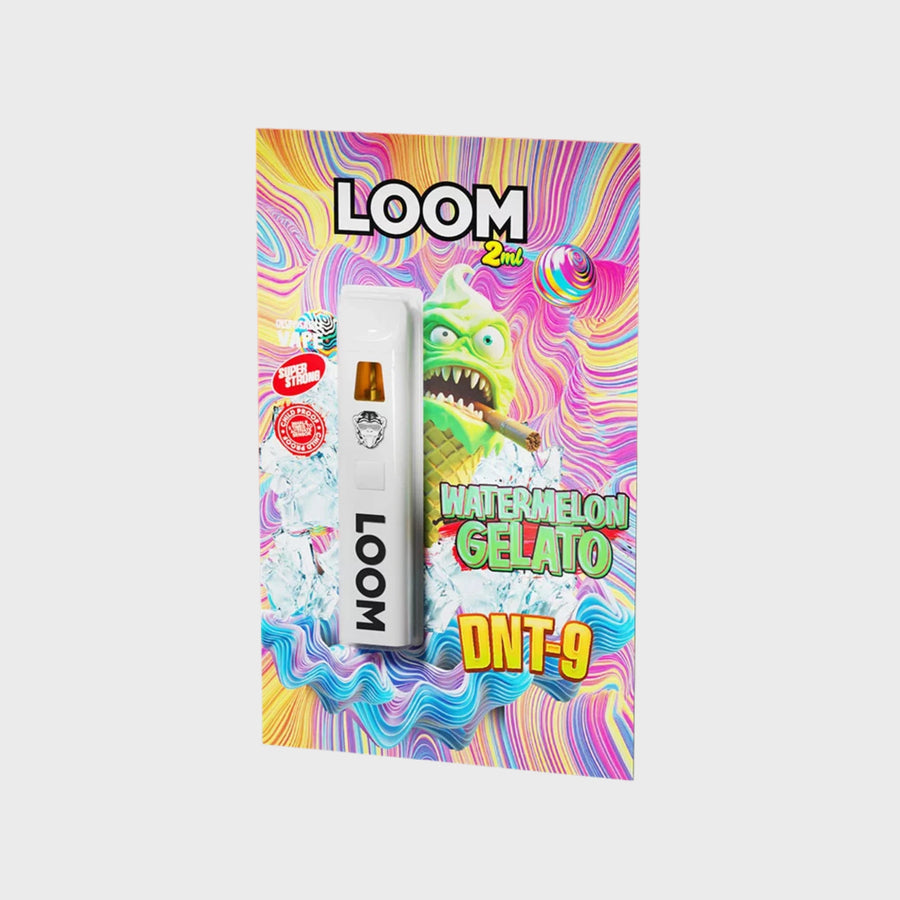 Loom DNT-9 Watermelon Gelato Verpackung mit grüner Comic-Figur und weißer Vape