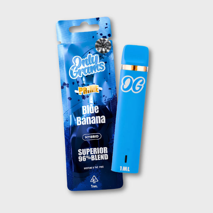 OnlyGrams Prime Blue Banana Blister in Blau mit blauer Vape daneben