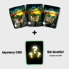 CBDÍA Probierpaket mit Blue Dream, Sour Diesel und White Widow plus Mystery-Beutel