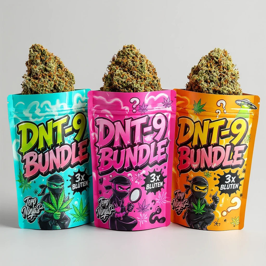 Terp Ninjas DNT-9 Probierpaket: drei Beutel der Creamy Clouds Linie mit Blüten obenauf