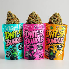 Terp Ninjas DNT-9 Probierpaket: drei Beutel der Creamy Clouds Linie mit Blüten obenauf