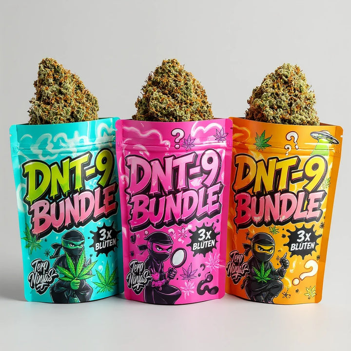 Terp Ninjas DNT-9 Probierpaket: drei Beutel der Creamy Clouds Linie mit Blüten obenauf