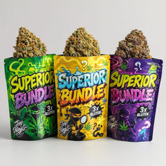 Terp Ninjas Superior Probierpaket: drei Beutel der Dragon Buds Linie mit Blüten obenauf